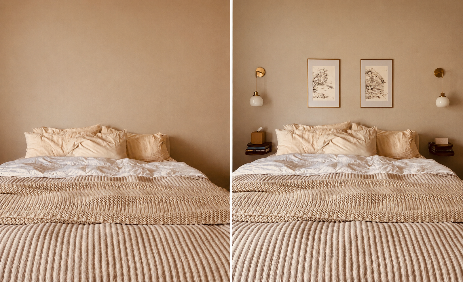 Bedroom sconces and artwork installation — before and after