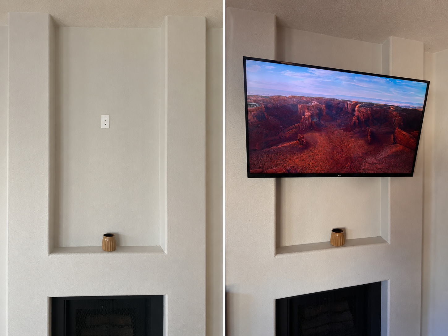 TV mounted above fireplace — before and after